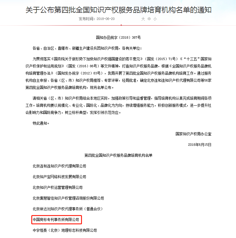 中國商標(biāo)專利事務(wù)所入選第四批全國知識產(chǎn)權(quán)服務(wù)品牌培育機(jī)構(gòu)